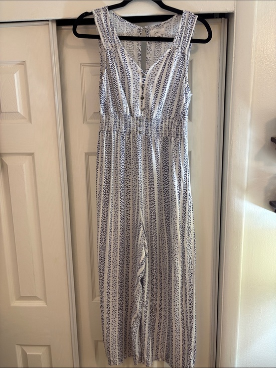Japna Pants - Japna White and Navy Striped Cropped Jumpsuit